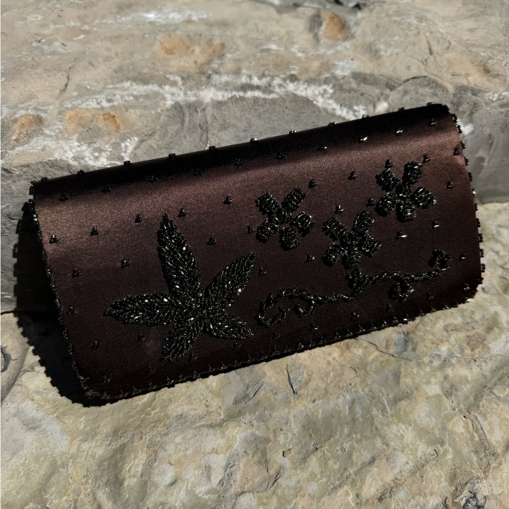 Embellished Floral Satin Clutch in Deep Brown